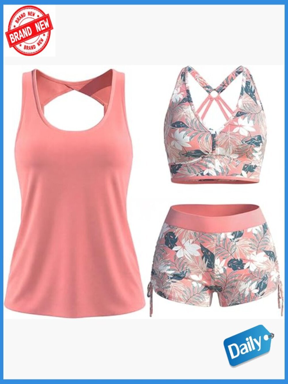 3 Piece Tankini Set with Board Shorts for Women